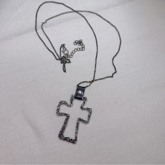 Cross Open-cut Gunmetal Pendant accented with Rhinestone Necklace. Boho Casual - Picture 5 of 6
